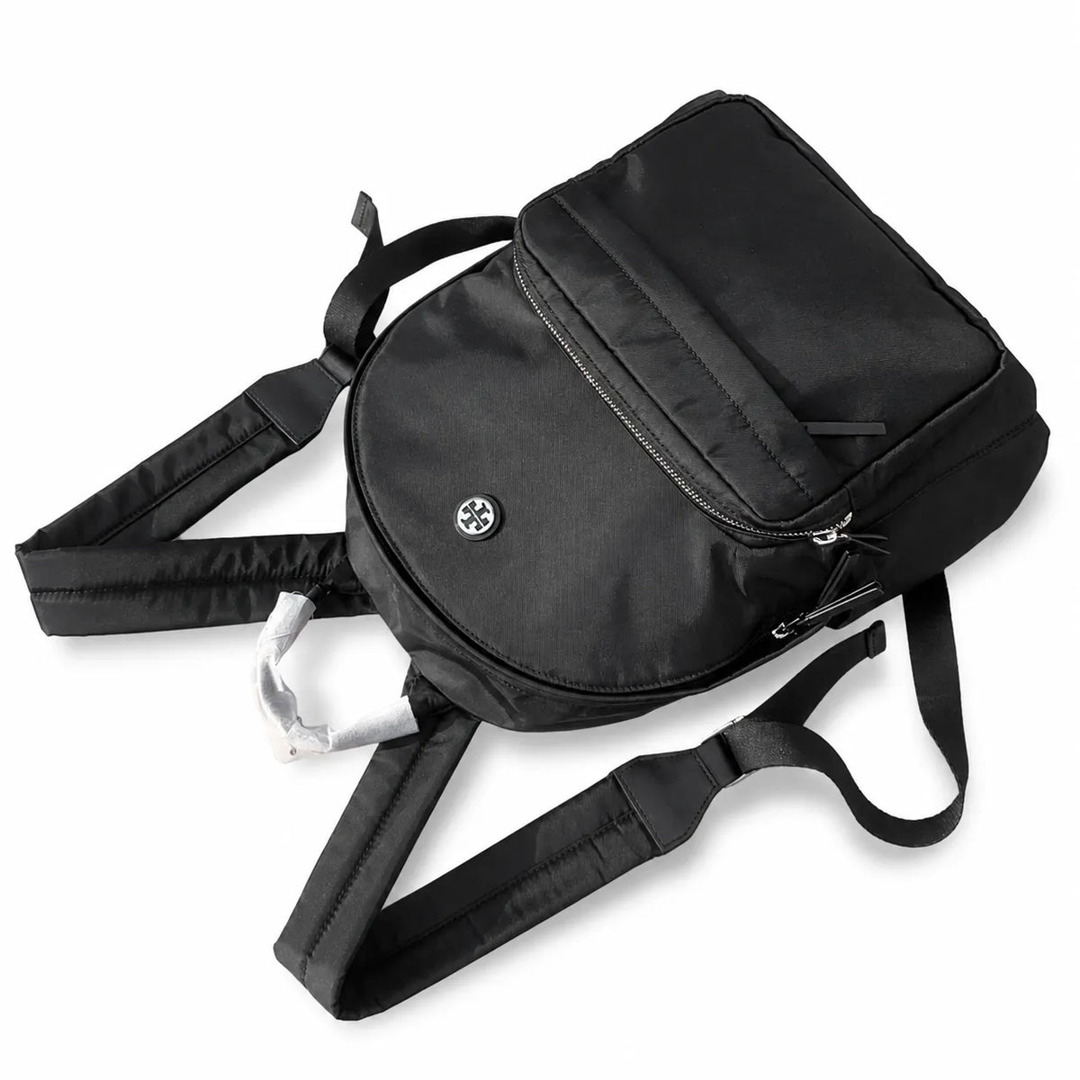 Tory Burch Ella a lightweight travel and commuter bag adorned with a silver double-T logo and an adjustable shoulder strap