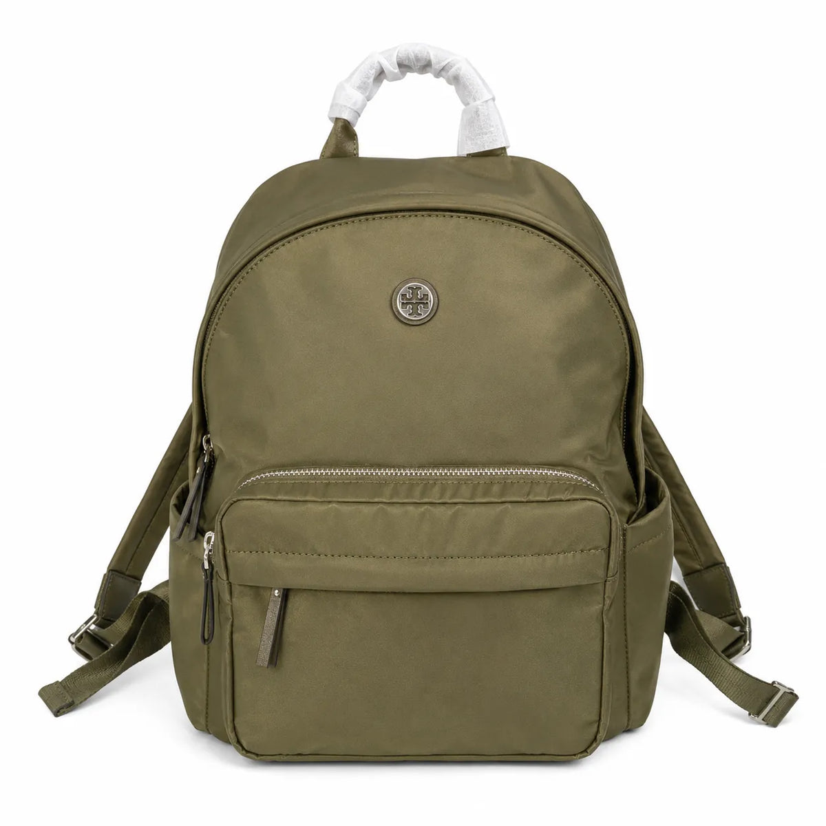Tory Burch Ella a lightweight travel and commuter bag adorned with a silver double-T logo and an adjustable shoulder strap