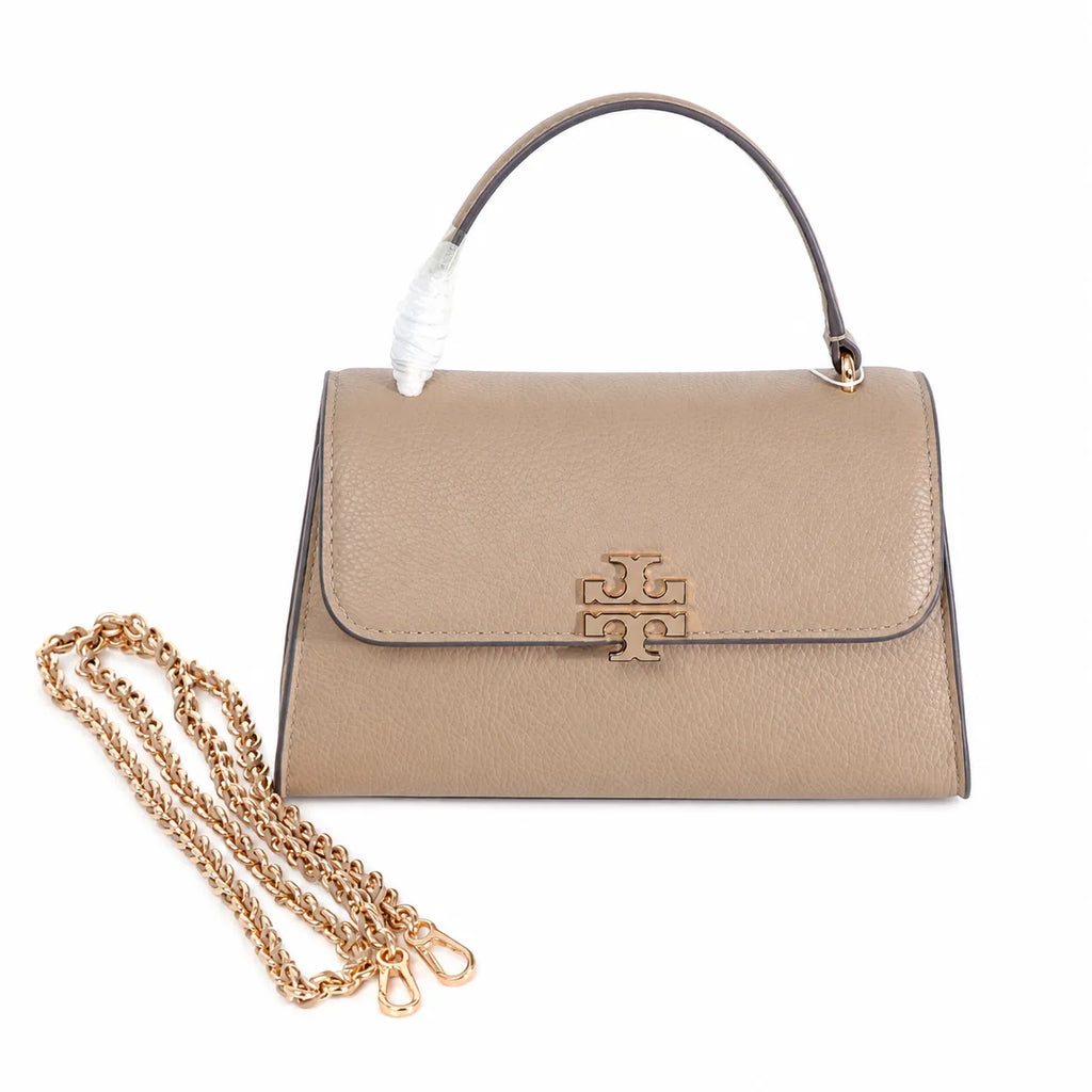 Tory Burch Britten | Light camel-colored pebbled leather detachable chain shoulder strap a small and elegant women's handbag