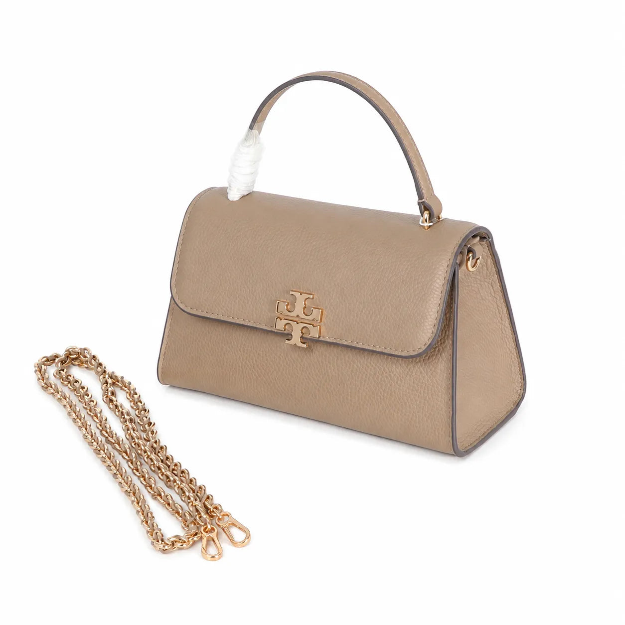 Tory Burch Britten | Light camel-colored pebbled leather detachable chain shoulder strap a small and elegant women's handbag