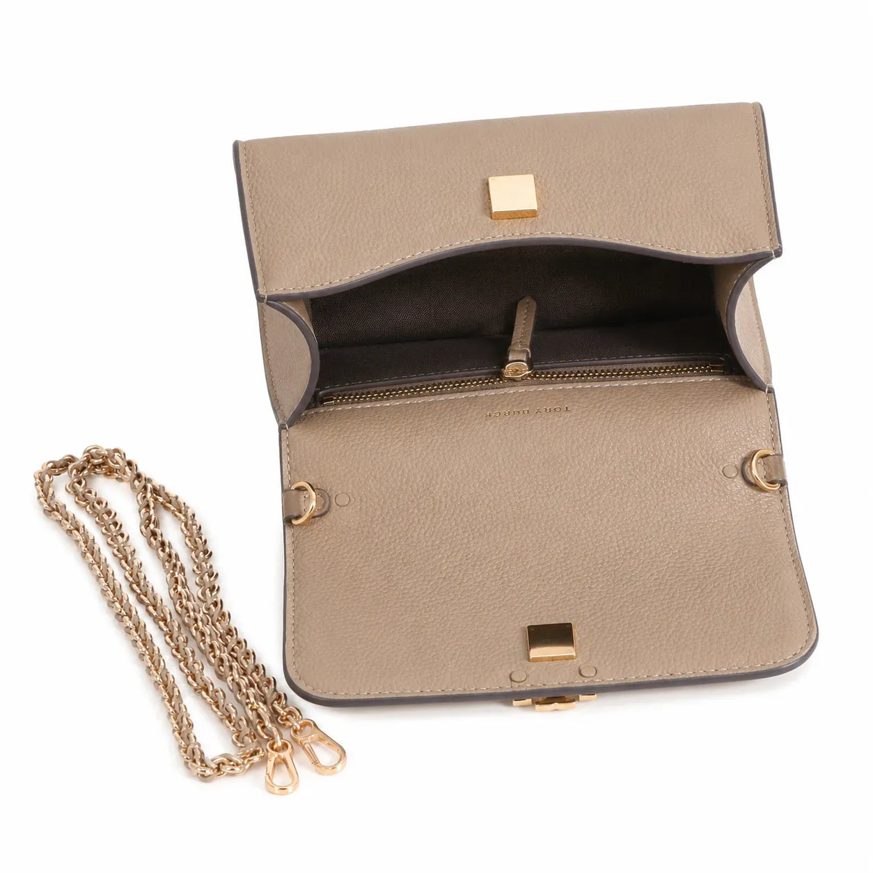 Tory Burch Britten | Light camel-colored pebbled leather detachable chain shoulder strap a small and elegant women's handbag