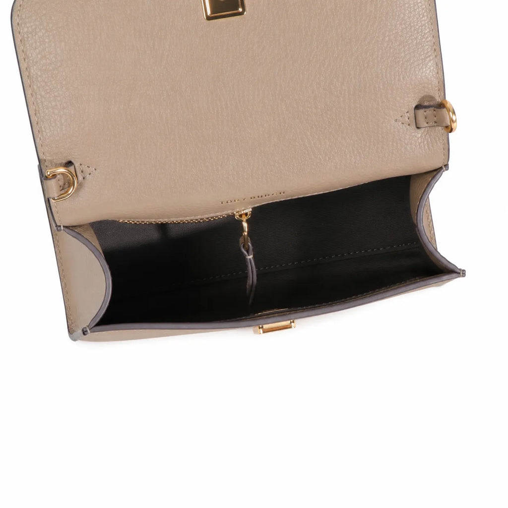 Tory Burch Britten | Light camel-colored pebbled leather detachable chain shoulder strap a small and elegant women's handbag