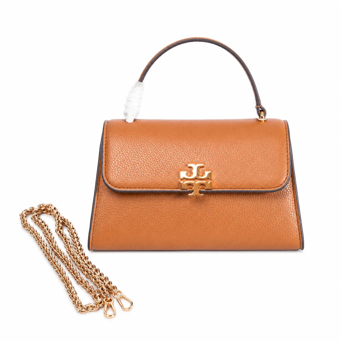 Tory Burch Britten | Light camel-colored pebbled leather detachable chain shoulder strap a small and elegant women's handbag