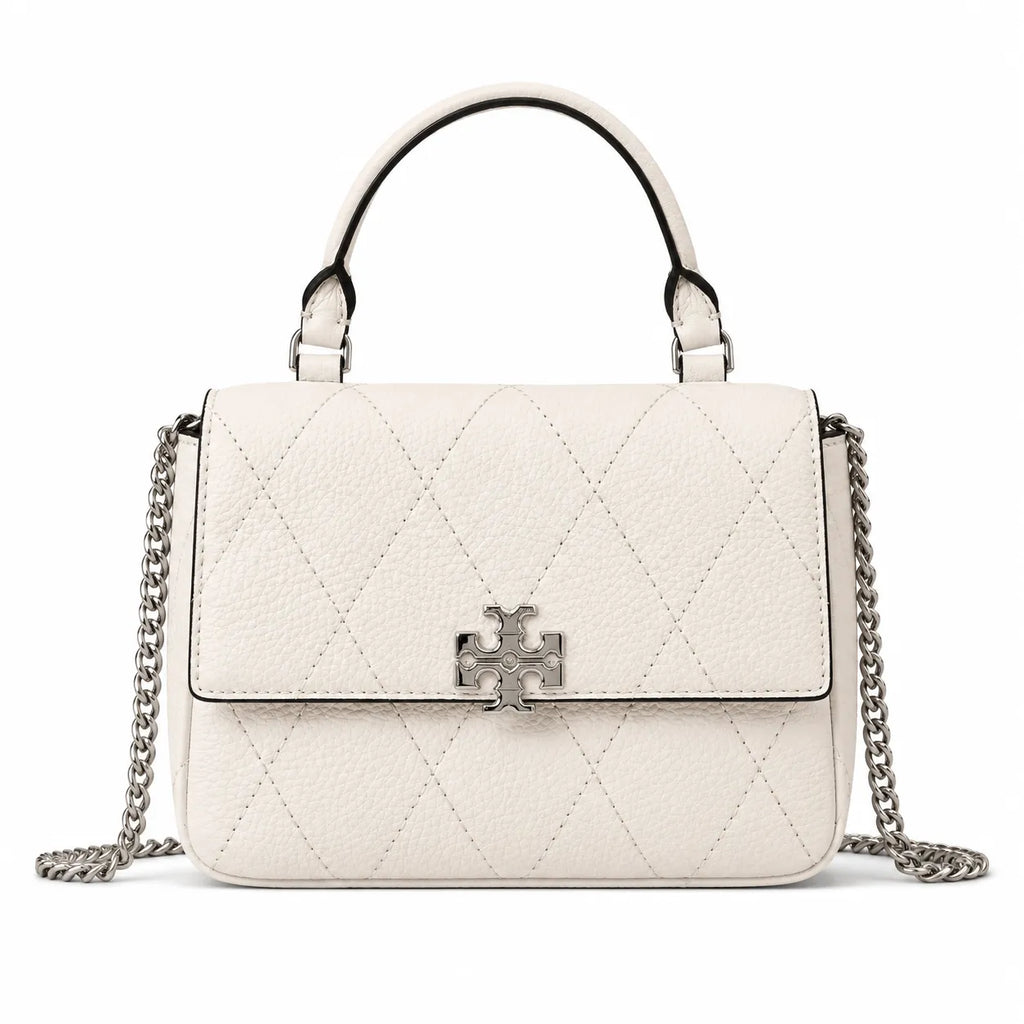 Tory Burch Kira, cloud white with a detachable chain shoulder strap a small and elegant women's handbag