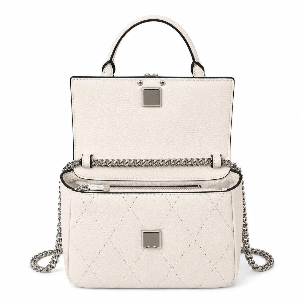 Tory Burch Kira, cloud white with a detachable chain shoulder strap a small and elegant women's handbag