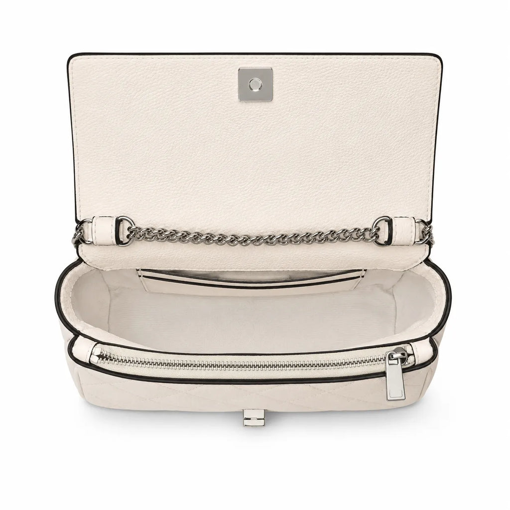 Tory Burch Kira, cloud white with a detachable chain shoulder strap a small and elegant women's handbag