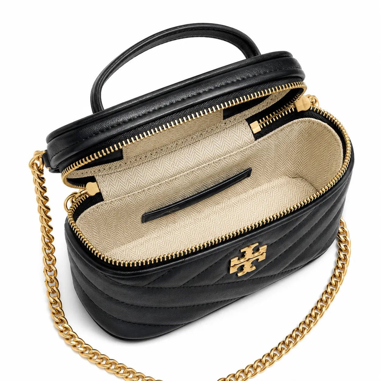 Tory Burch Kira black lambskin detachable chain shoulder strap small and elegant cosmetic bag can be worn crossbody suitable for women