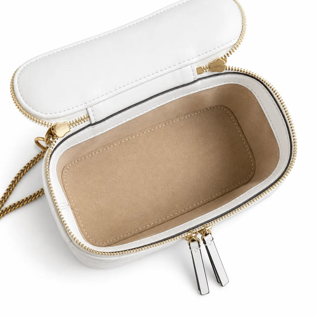 Tory Burch Kira, white lambskin detachable chain shoulder strap small and elegant cosmetic bag can be worn crossbody suitable for women