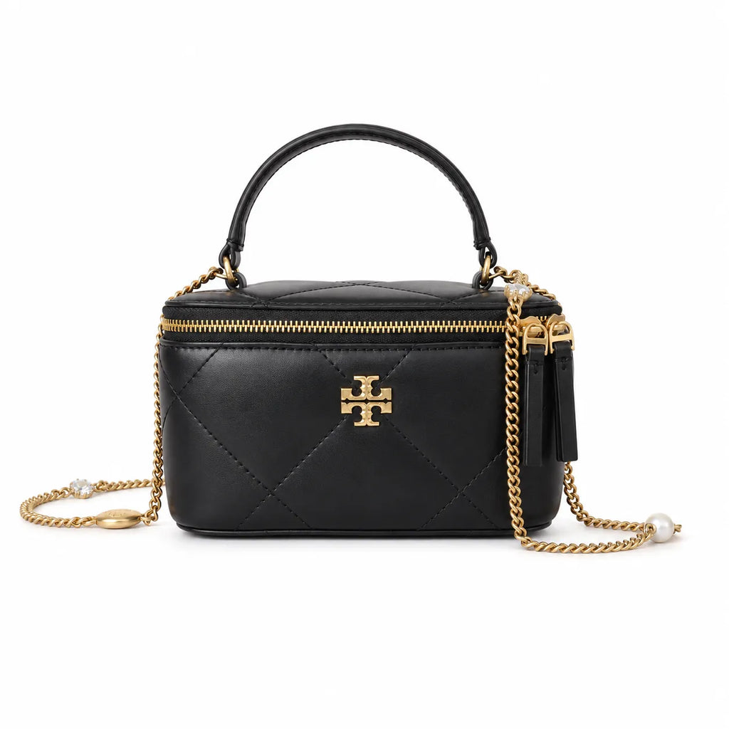 ory Burch Kira black lambskin bag with a detachable chain shoulder strap  a small and elegant cosmetic bag that can also be worn crossbody suitable for women