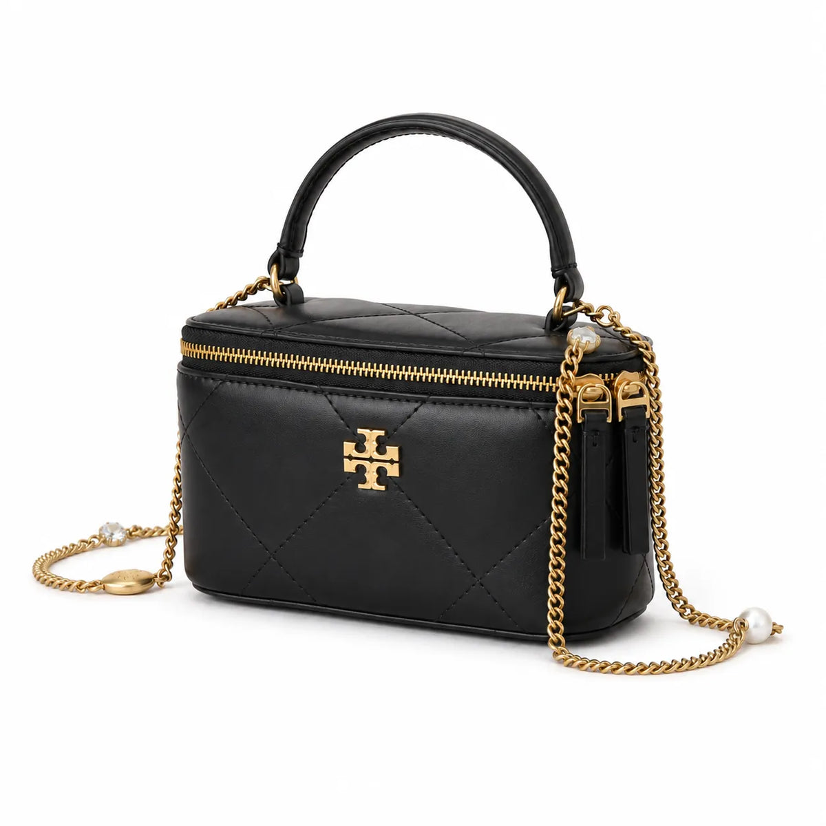 ory Burch Kira black lambskin bag with a detachable chain shoulder strap  a small and elegant cosmetic bag that can also be worn crossbody suitable for women