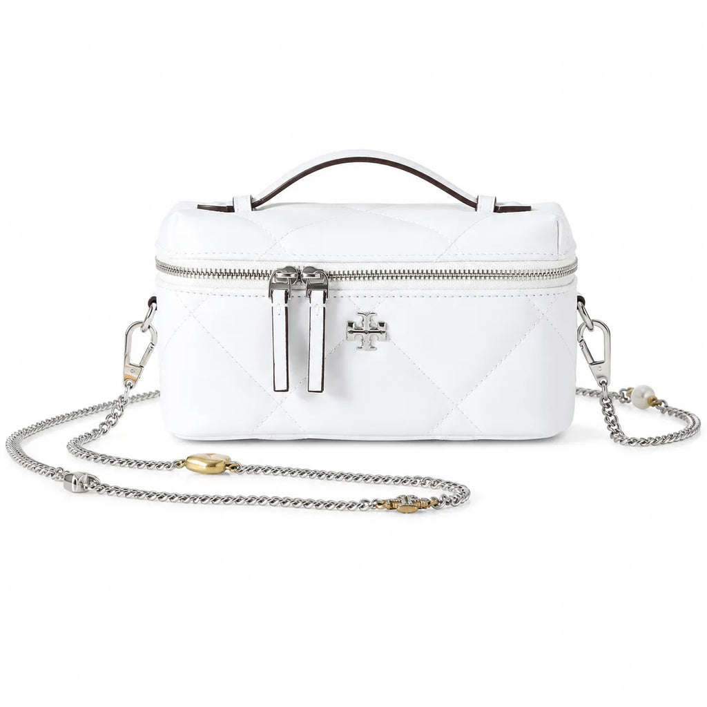 Tory Burch Kira, white calfskin leather detachable chain shoulder strap  small and elegant cosmetic bag  can be worn crossbody  suitable for women