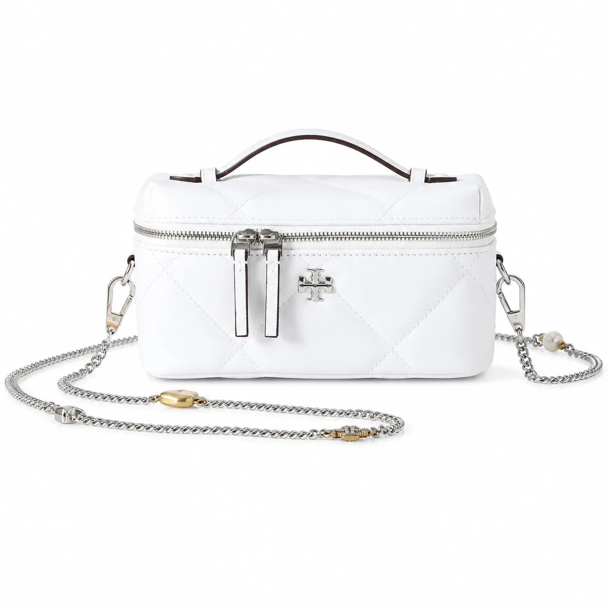 Tory Burch Kira, white calfskin leather detachable chain shoulder strap  small and elegant cosmetic bag  can be worn crossbody  suitable for women