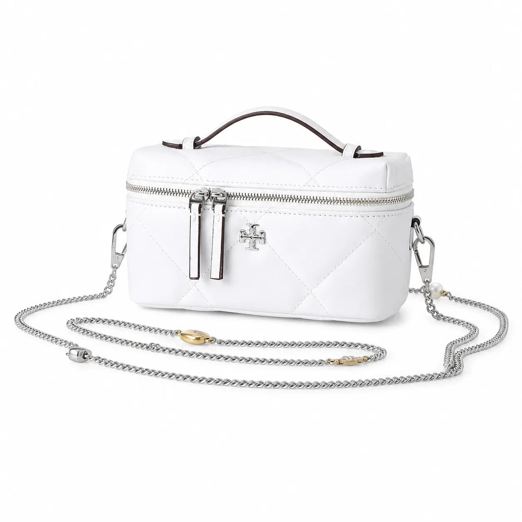 Tory Burch Kira, white calfskin leather detachable chain shoulder strap  small and elegant cosmetic bag  can be worn crossbody  suitable for women