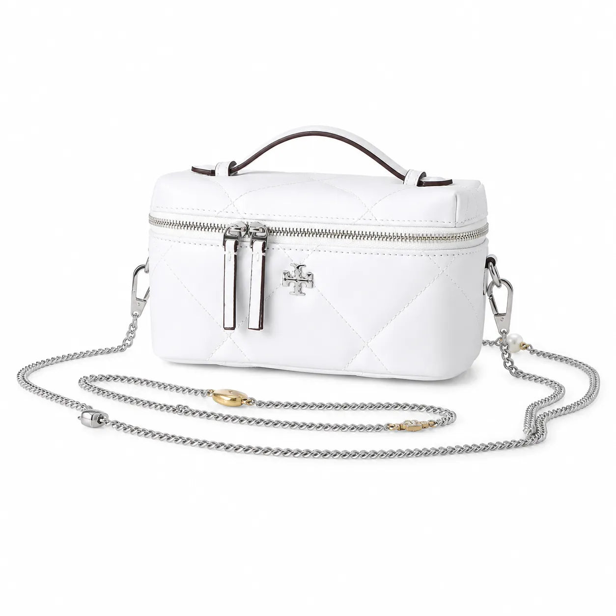 Tory Burch Kira, white calfskin leather detachable chain shoulder strap  small and elegant cosmetic bag  can be worn crossbody  suitable for women