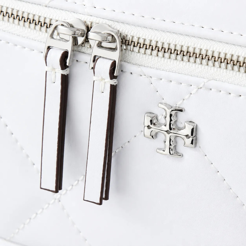 Tory Burch Kira, white calfskin leather detachable chain shoulder strap  small and elegant cosmetic bag  can be worn crossbody  suitable for women