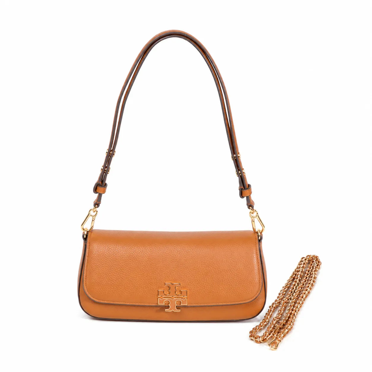 Tory Burch Britten | Caramel-colored pebbled leather  detachable chain and leather shoulder strap  multiple carrying options  women's designer handbag