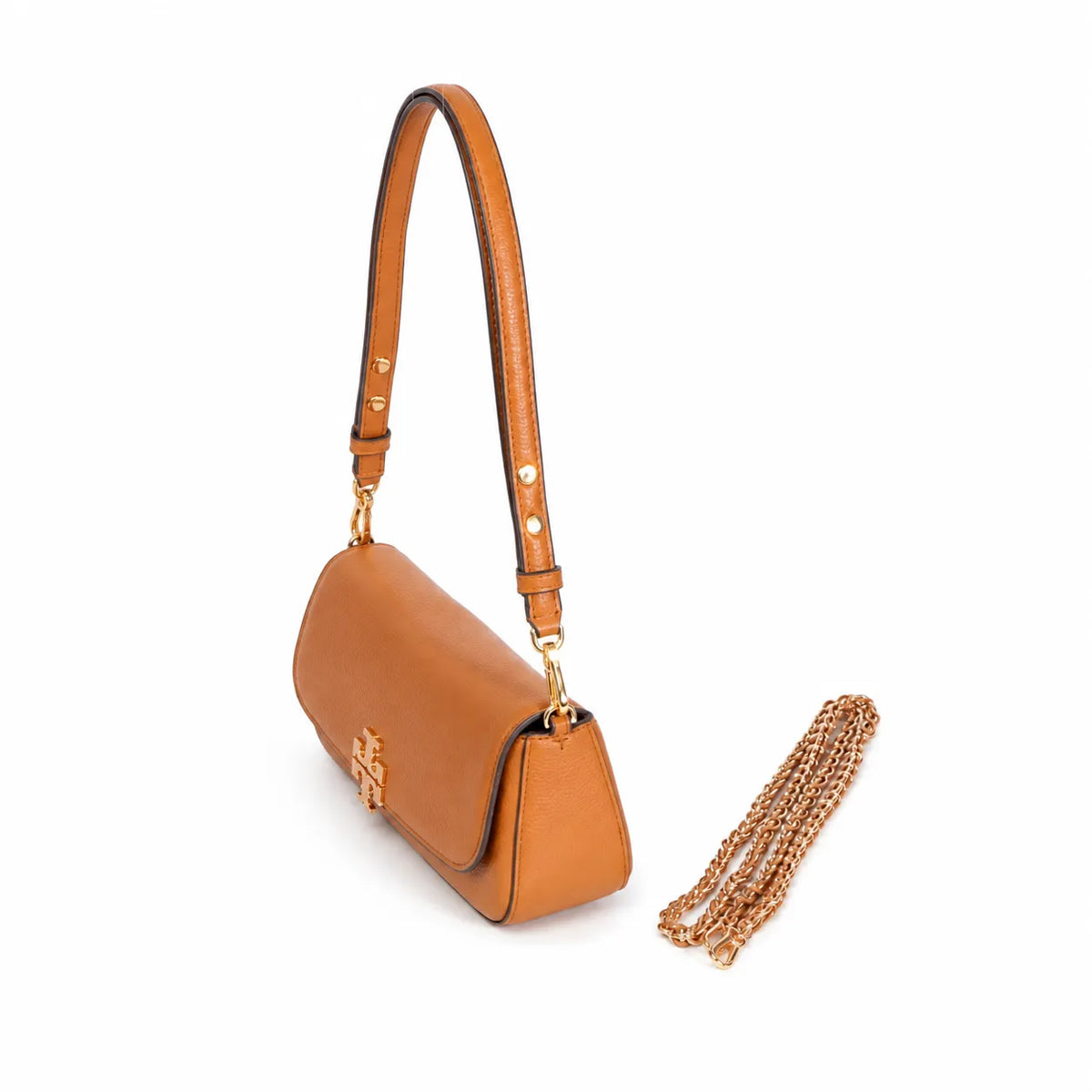 Tory Burch Britten | Caramel-colored pebbled leather  detachable chain and leather shoulder strap  multiple carrying options  women's designer handbag