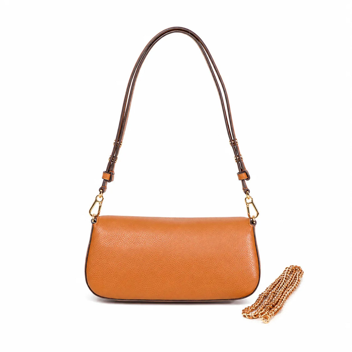Tory Burch Britten | Caramel-colored pebbled leather  detachable chain and leather shoulder strap  multiple carrying options  women's designer handbag