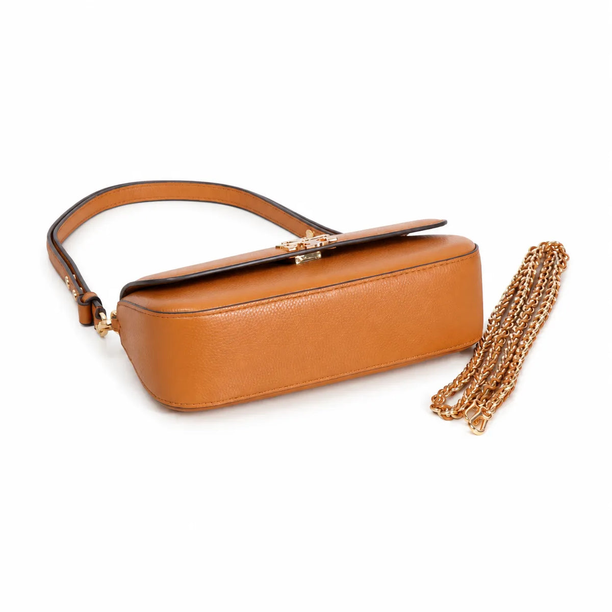 Tory Burch Britten | Caramel-colored pebbled leather  detachable chain and leather shoulder strap  multiple carrying options  women's designer handbag