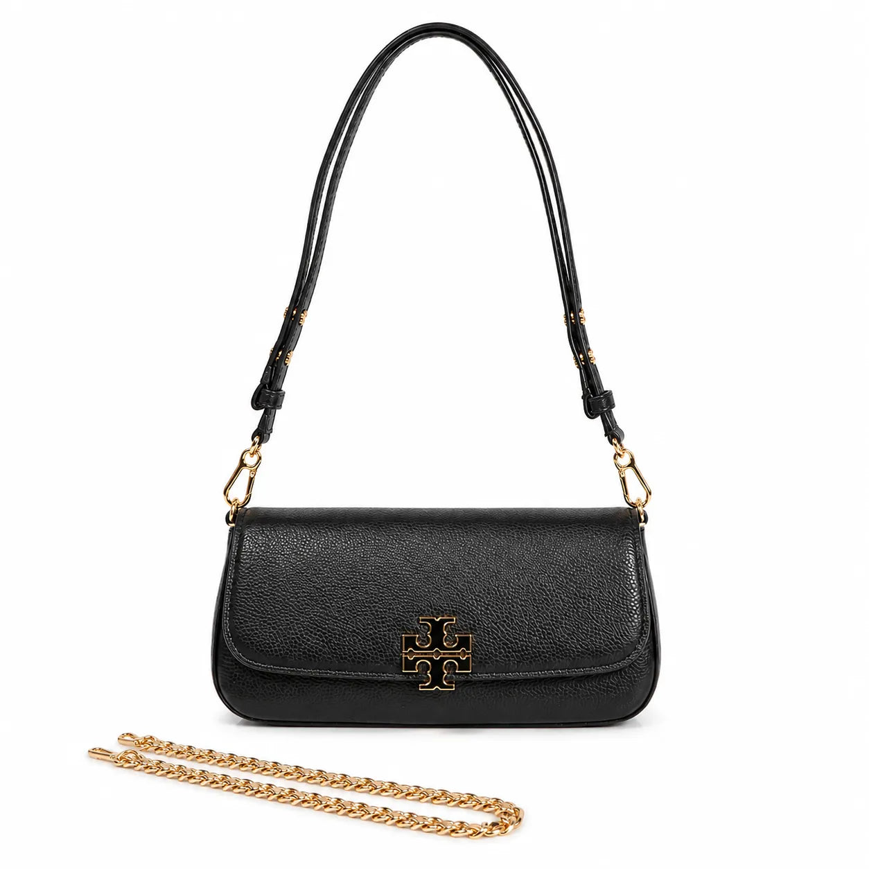 Tory Burch Britten | Caramel-colored pebbled leather  detachable chain and leather shoulder strap  multiple carrying options  women's designer handbag