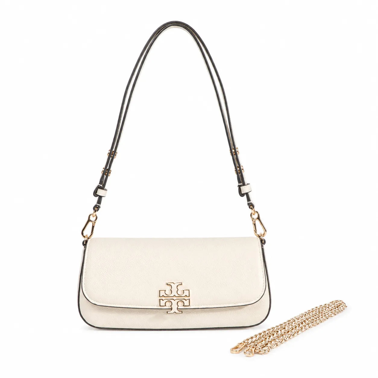 Tory Burch Britten | Caramel-colored pebbled leather  detachable chain and leather shoulder strap  multiple carrying options  women's designer handbag