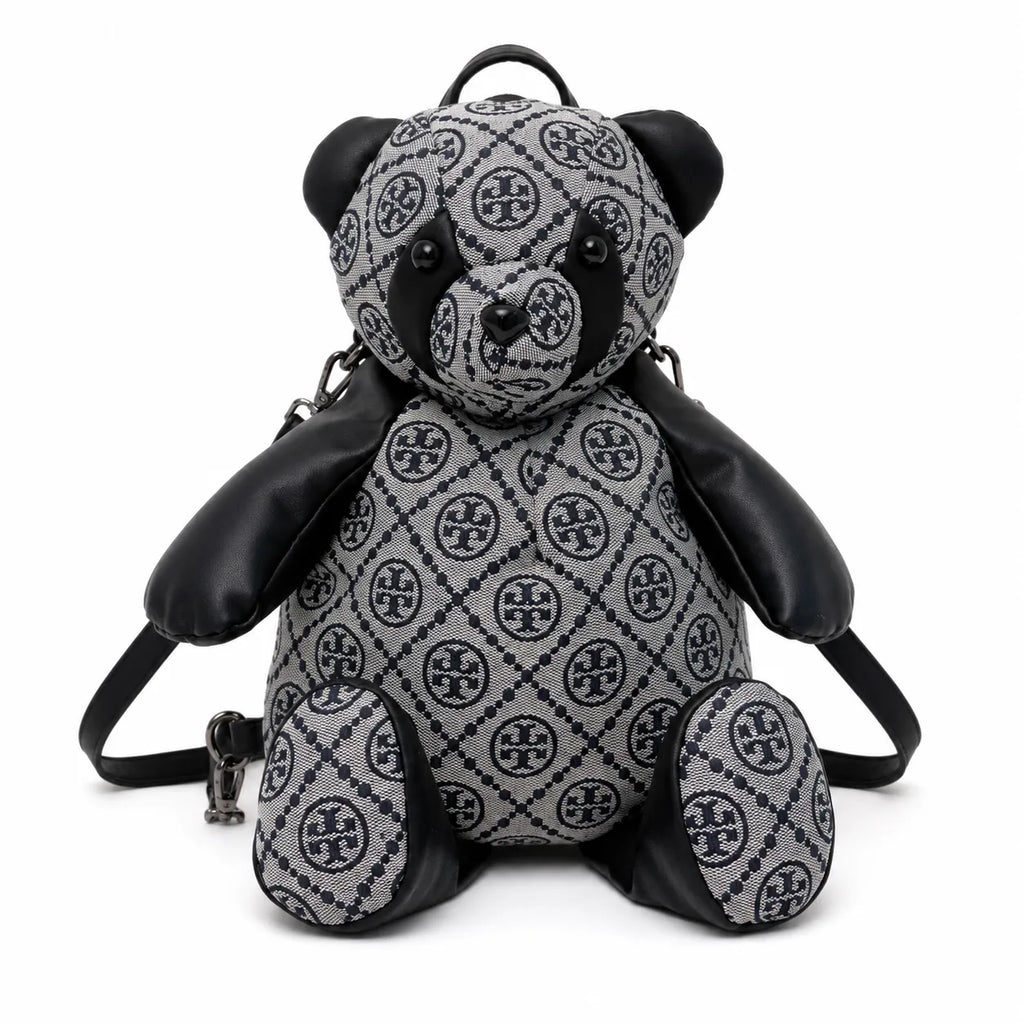 Tory Burch T-strap canvas and black faux leather teddy bear backpack  playful yet stylish  Suitable for women and teenagers