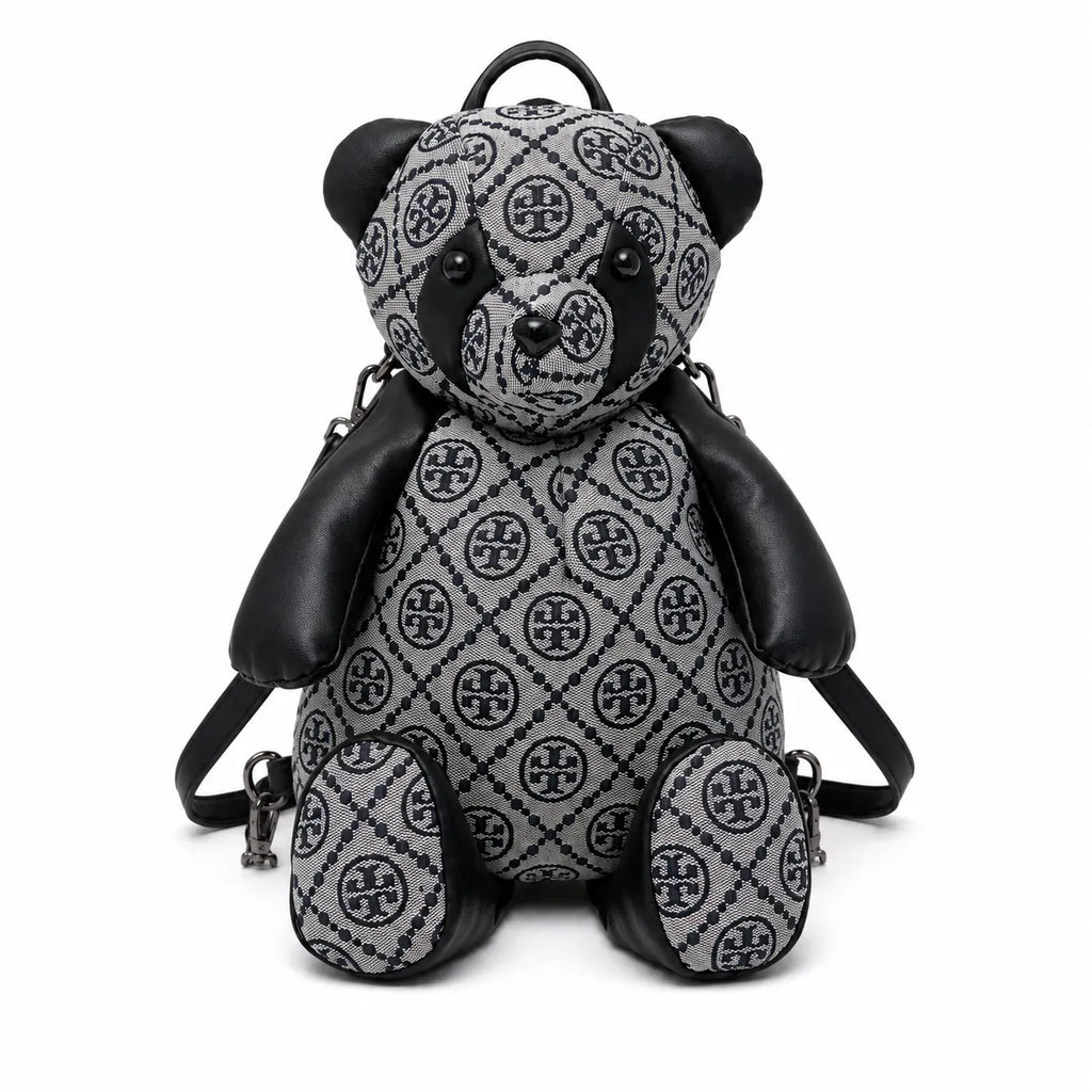 Tory Burch T-strap canvas and black faux leather teddy bear backpack  playful yet stylish  Suitable for women and teenagers