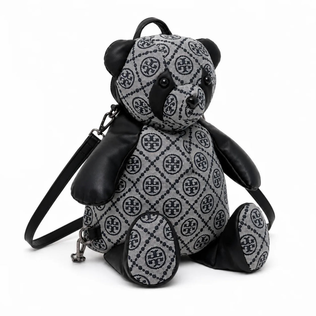 Tory Burch T-strap canvas and black faux leather teddy bear backpack  playful yet stylish  Suitable for women and teenagers