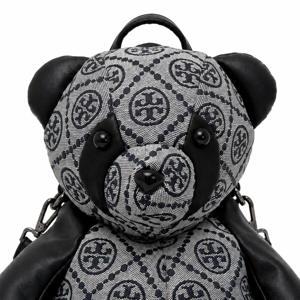 Tory Burch T-strap canvas and black faux leather teddy bear backpack  playful yet stylish  Suitable for women and teenagers