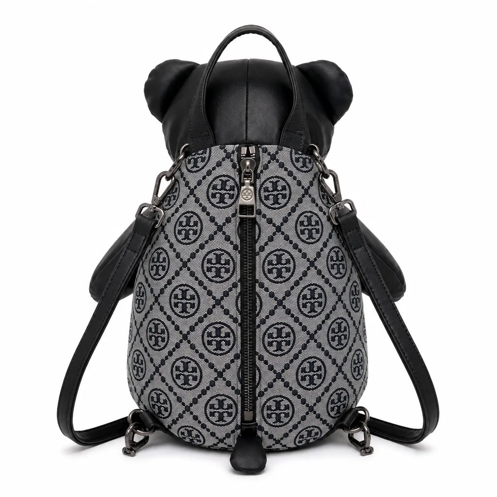 Tory Burch T-strap canvas and black faux leather teddy bear backpack  playful yet stylish  Suitable for women and teenagers