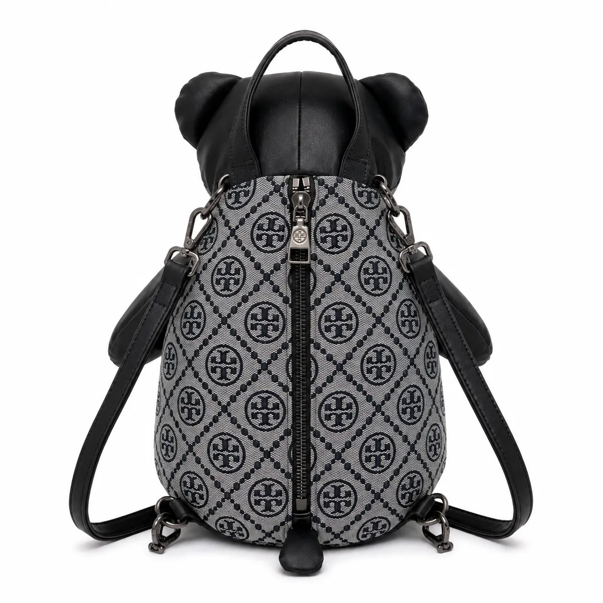 Tory Burch T-strap canvas and black faux leather teddy bear backpack  playful yet stylish  Suitable for women and teenagers