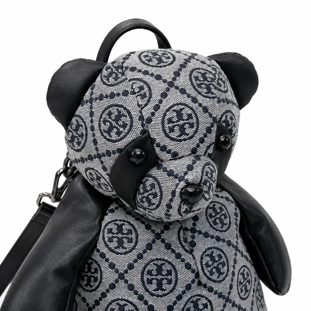 Tory Burch T-strap canvas and black faux leather teddy bear backpack  playful yet stylish  Suitable for women and teenagers
