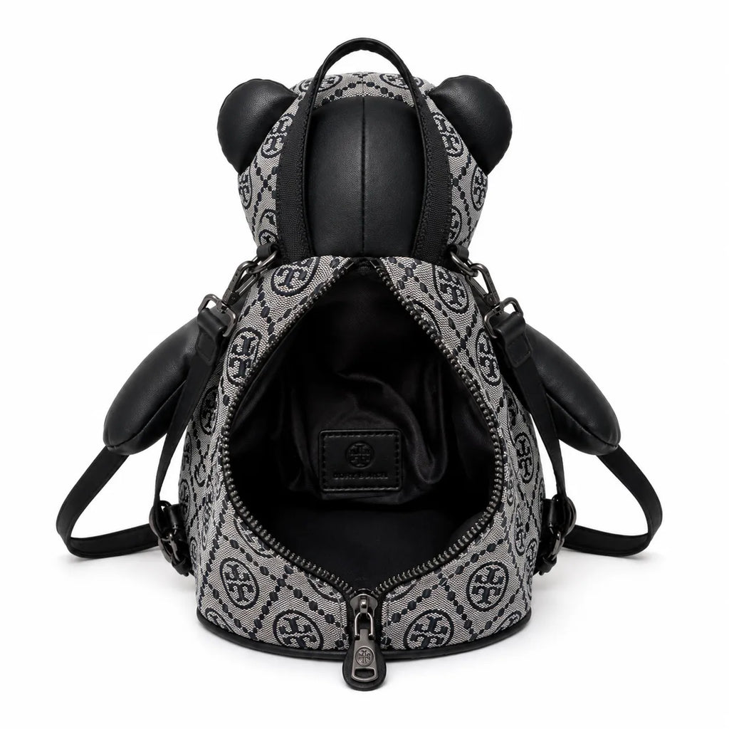 Tory Burch T-strap canvas and black faux leather teddy bear backpack  playful yet stylish  Suitable for women and teenagers