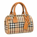 Burberry Vintage Check Boston Bowling Bag Archive Beige | Honey Tan Calfskin Leather Handle Adjustable Strap Luxury Handbag Women's