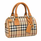 Burberry Vintage Check Boston Bowling Bag Archive Beige | Honey Tan Calfskin Leather Handle Adjustable Strap Luxury Handbag Women's