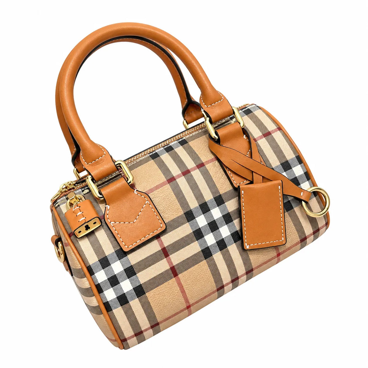 Burberry Vintage Check Boston Bowling Bag Archive Beige | Honey Tan Calfskin Leather Handle Adjustable Strap Luxury Handbag Women's