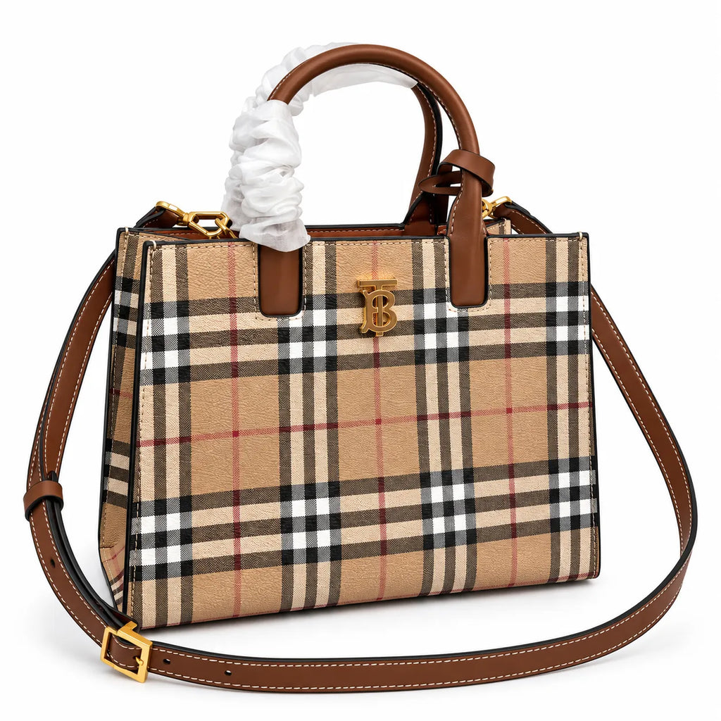 Burberry Freya Mini Tote Bag Vintage Check Canvas TB Monogram Leather Shoulder Handbag 19x23cm