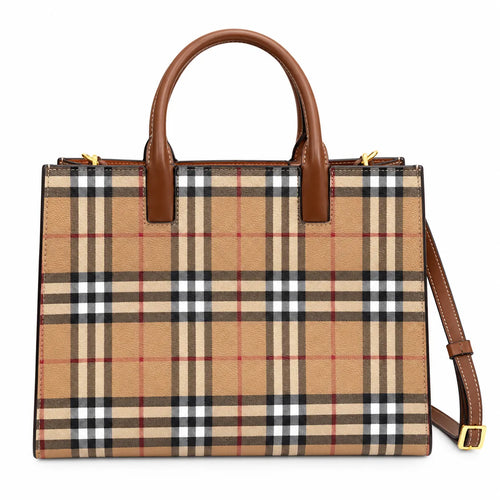 Burberry Medium Tote Bag Vintage Check Coated Canvas TB Monogram Leather Handbag with Luggage Tag 38x28cm