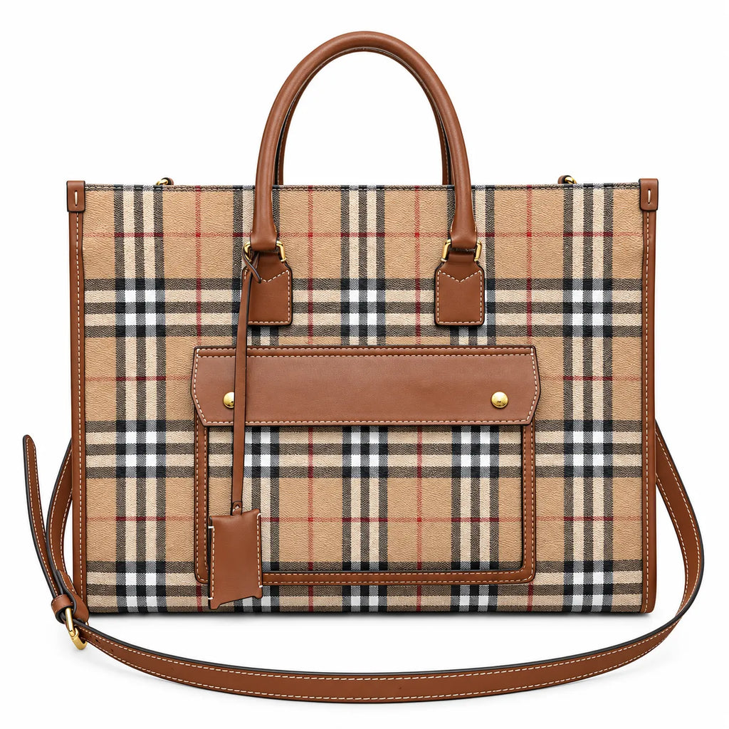 Burberry Freya Large Vintage Check Tote Bag with Front Pocket Detachable Leather Crossbody Strap Work Travel Handbag 40x30cm