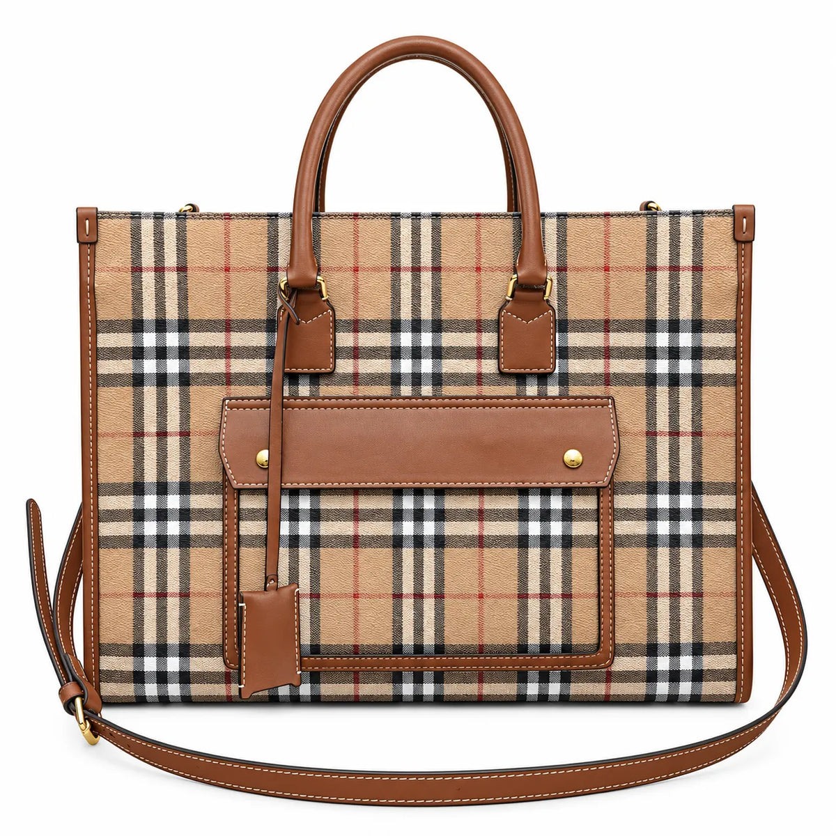 Burberry Freya Large Vintage Check Tote Bag with Front Pocket Detachable Leather Crossbody Strap Work Travel Handbag 40x30cm