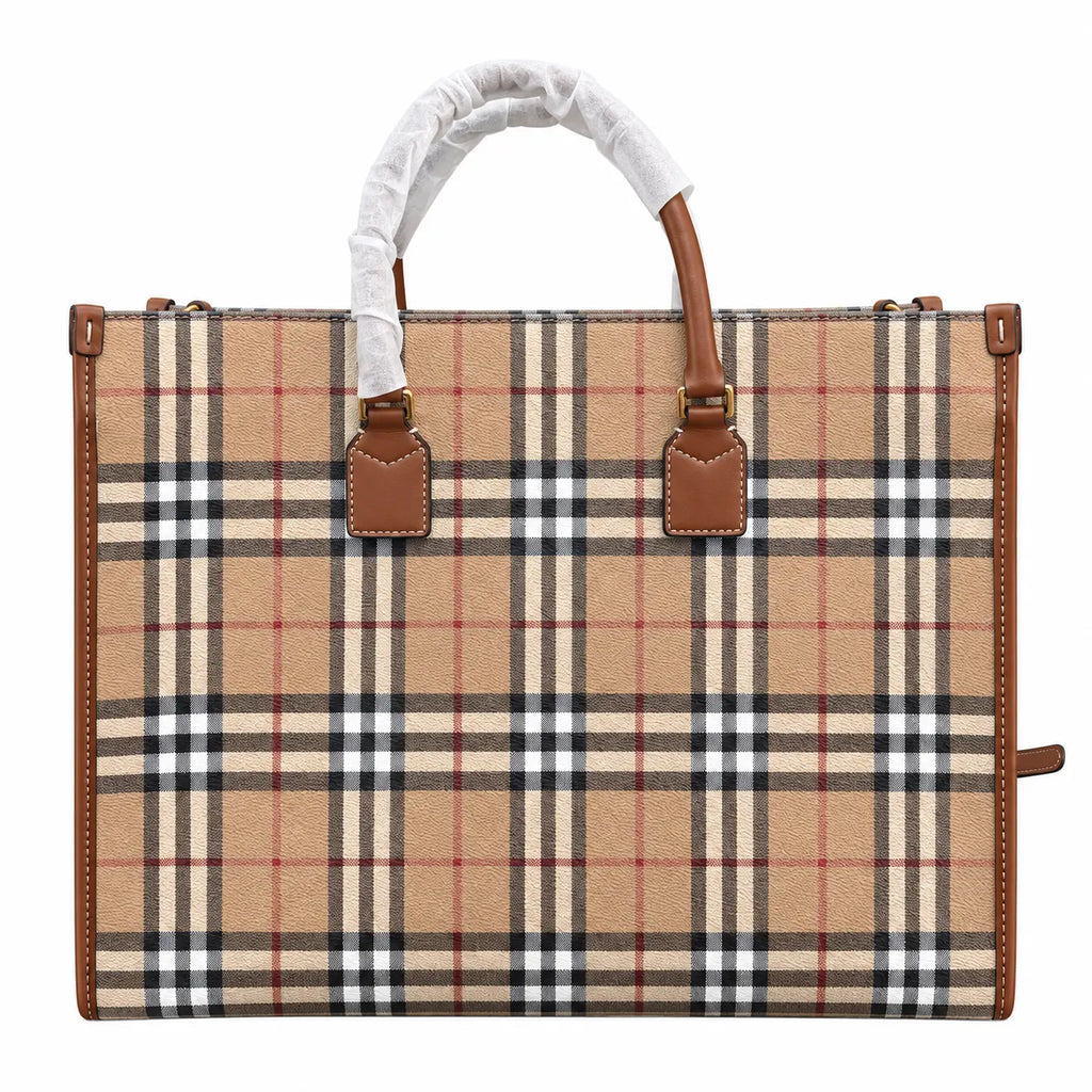 Burberry Freya Large Vintage Check Tote Bag with Front Pocket Detachable Leather Crossbody Strap Work Travel Handbag 40x30cm