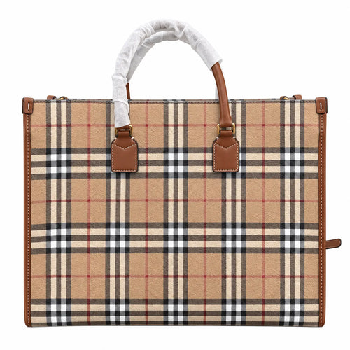 Burberry Freya Large Vintage Check Tote Bag with Front Pocket Detachable Leather Crossbody Strap Work Travel Handbag 40x30cm