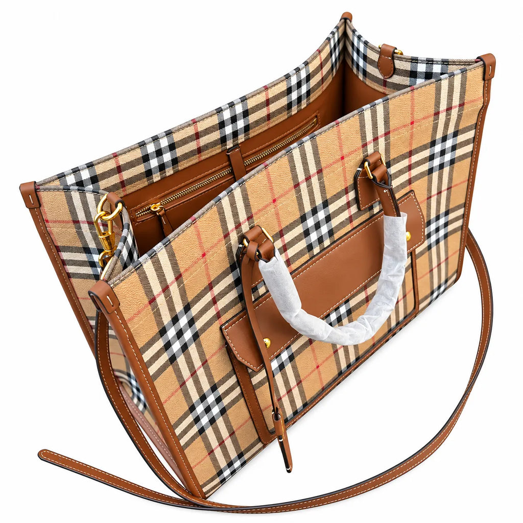 Burberry Freya Large Vintage Check Tote Bag with Front Pocket Detachable Leather Crossbody Strap Work Travel Handbag 40x30cm