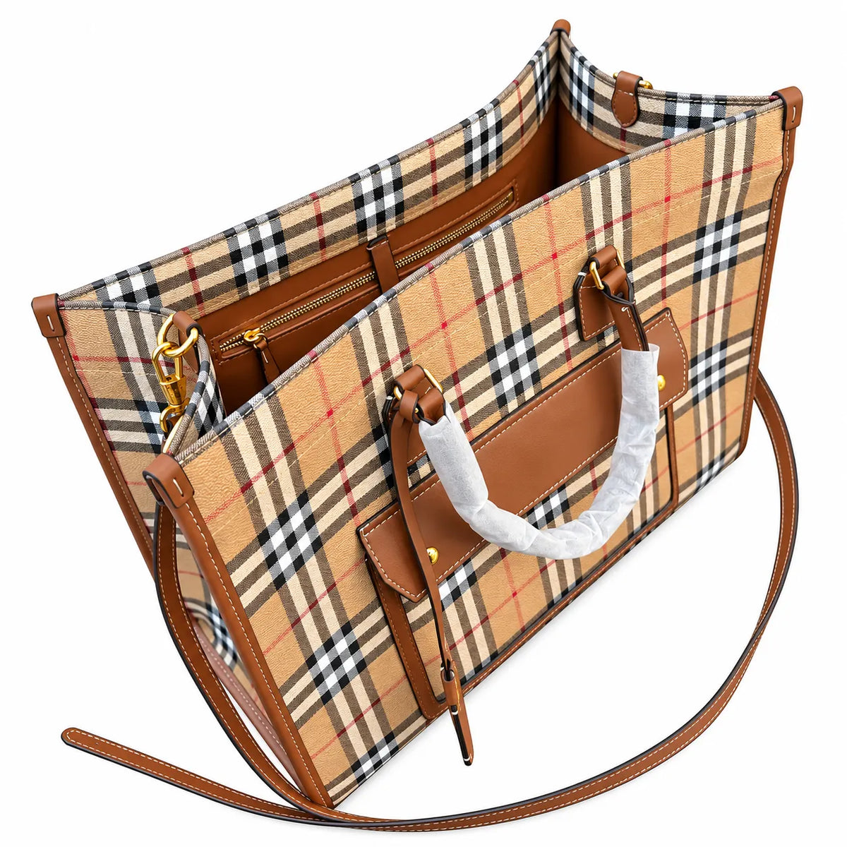 Burberry Freya Large Vintage Check Tote Bag with Front Pocket Detachable Leather Crossbody Strap Work Travel Handbag 40x30cm