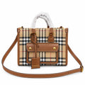 Burberry Classic Vintage Check Top Handle Tote Bag | Small Coated Canvas Leather Crossbody Shoulder Bag for Women - Beige