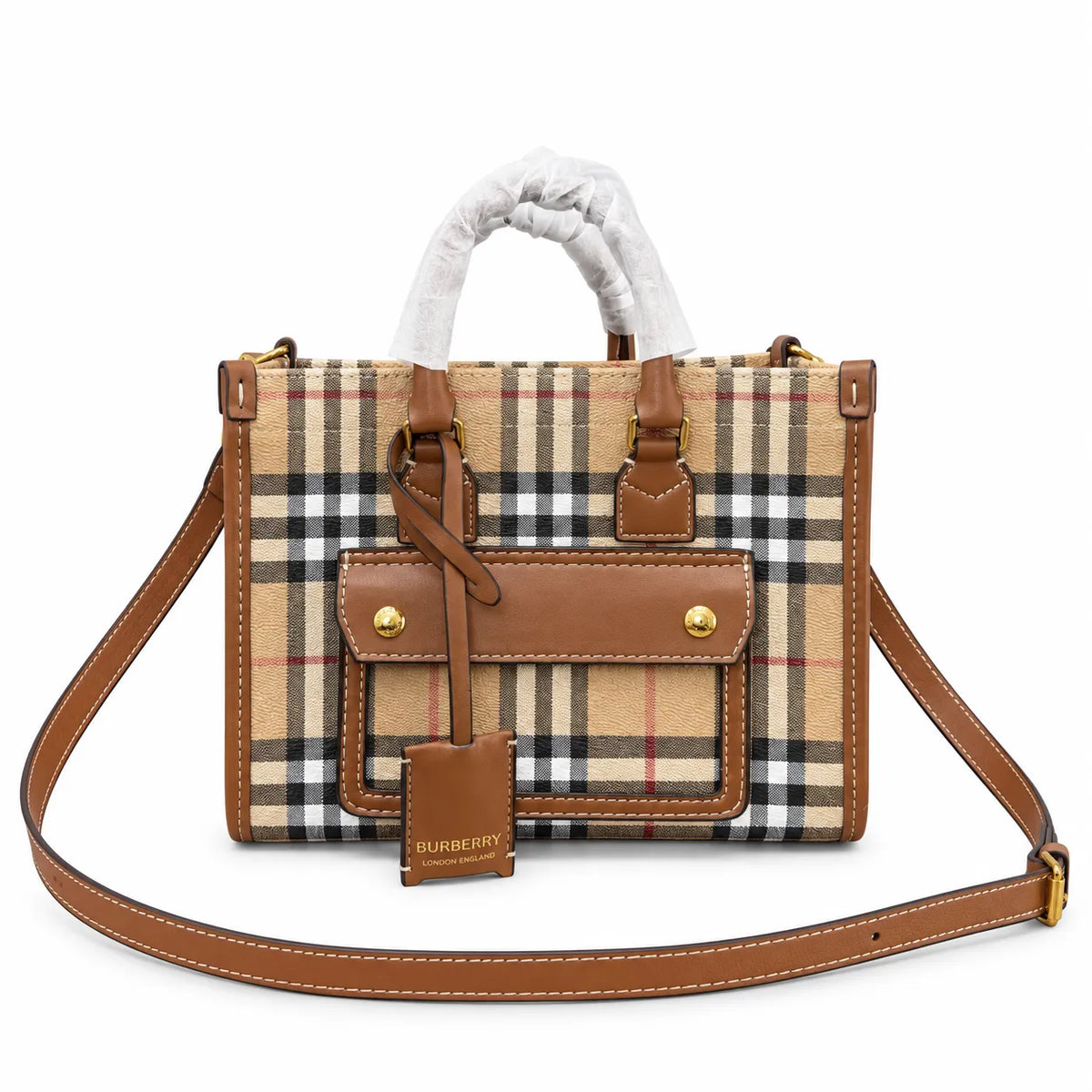 Burberry Classic Vintage Check Top Handle Tote Bag | Small Coated Canvas Leather Crossbody Shoulder Bag for Women - Beige