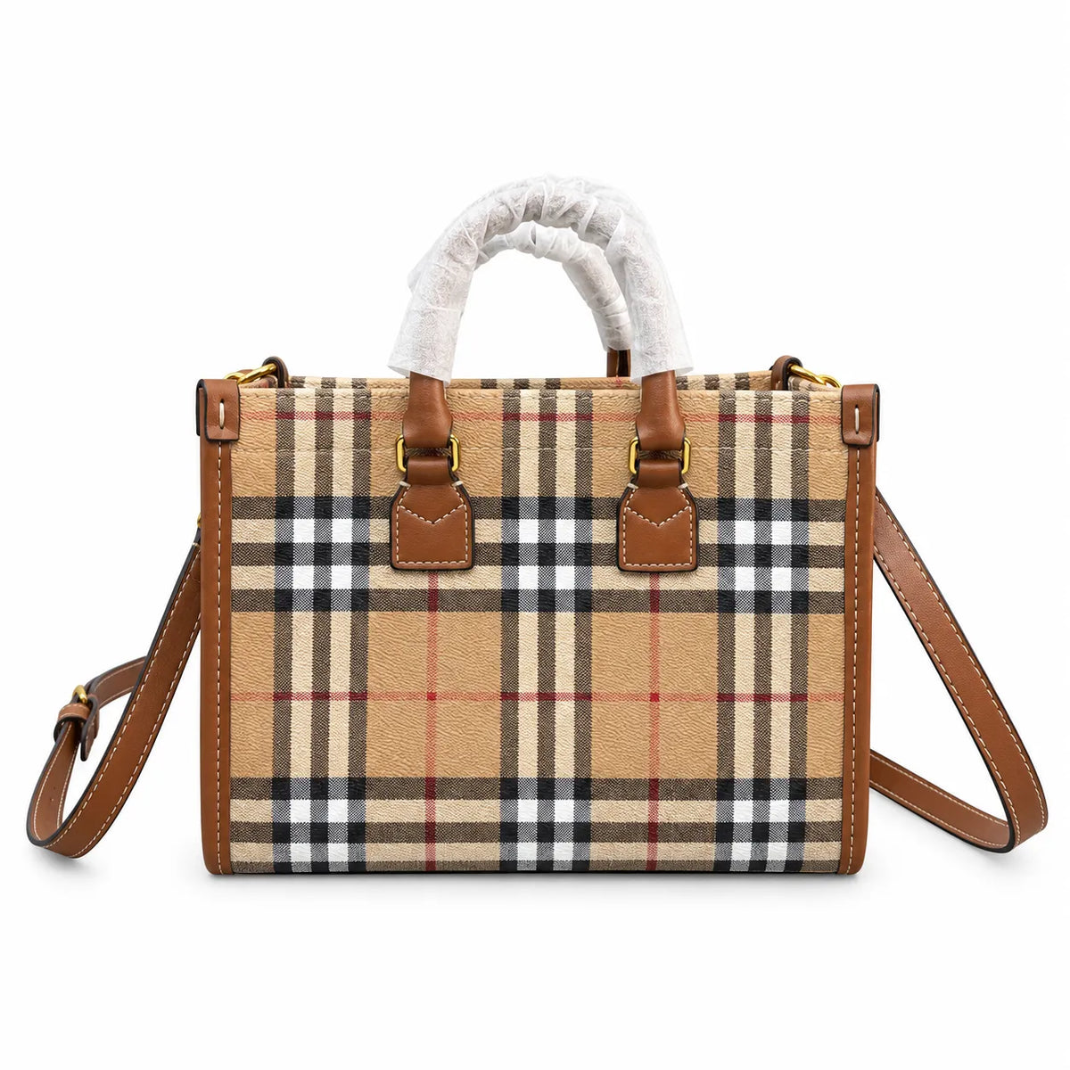Burberry Classic Vintage Check Top Handle Tote Bag | Small Coated Canvas Leather Crossbody Shoulder Bag for Women - Beige