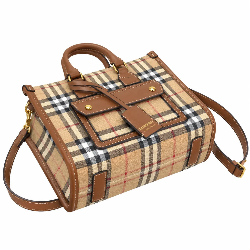 Burberry Classic Vintage Check Top Handle Tote Bag | Small Coated Canvas Leather Crossbody Shoulder Bag for Women - Beige