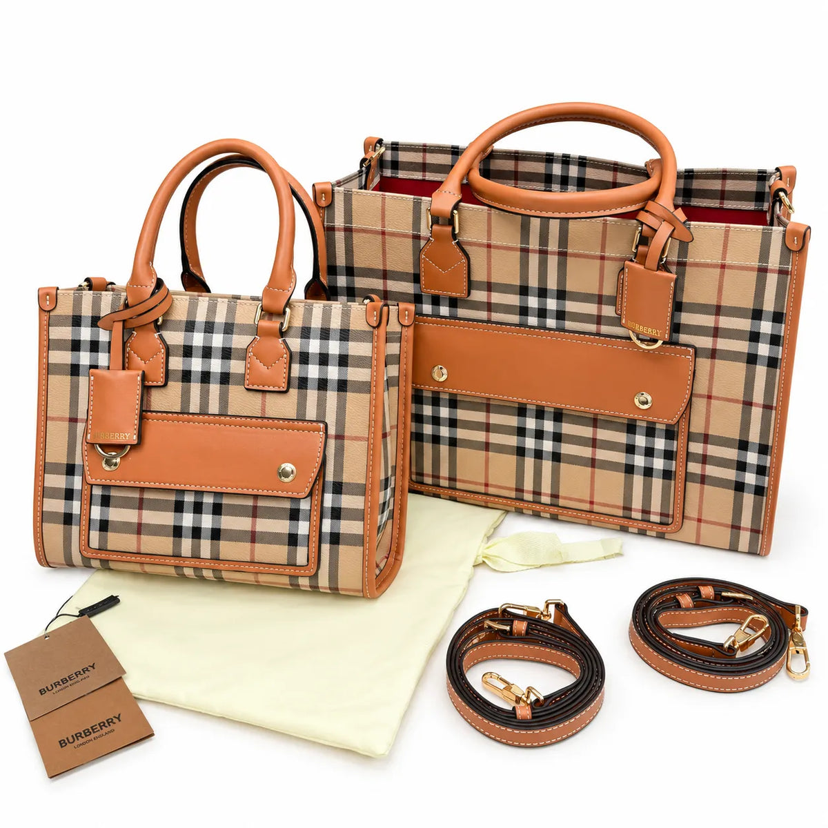 Burberry Freya Vintage Check Tote Bag | Large Canvas Leather Handbag with Detachable Shoulder Strap - Archive Beige/Briar Brown