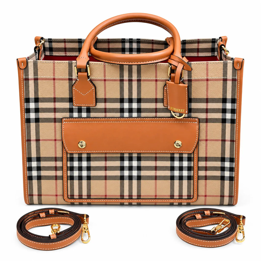 Burberry Freya Vintage Check Tote Bag | Large Canvas Leather Handbag with Detachable Shoulder Strap - Archive Beige/Briar Brown